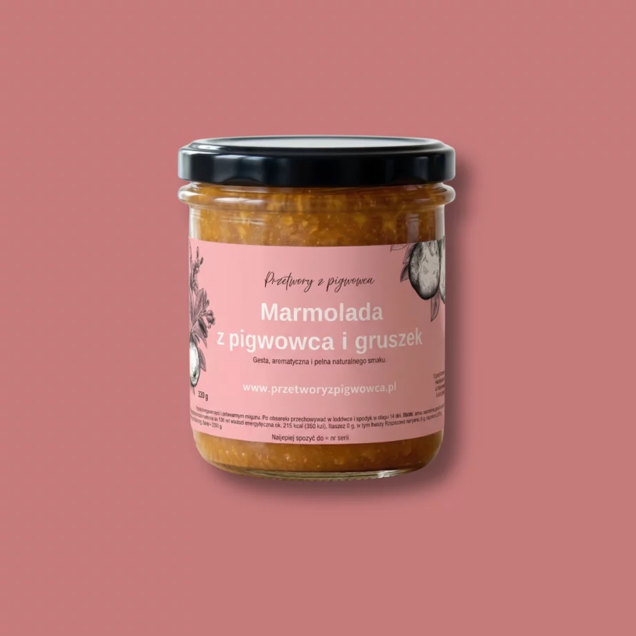Słoik marmolady z pigwowca i gruszek na różowym tle, aromatyczny i naturalny smak.
