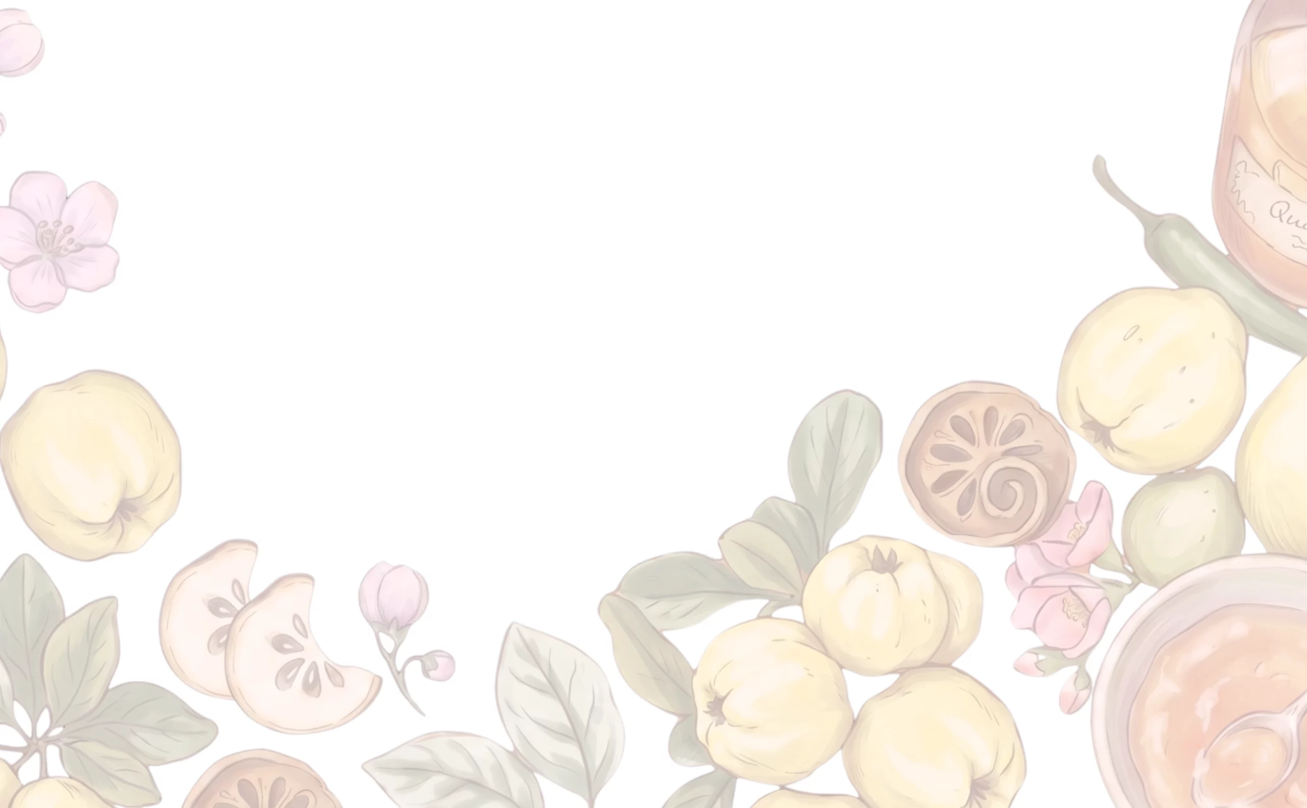 Ilustracja z pigwą, kwiatami i liśćmi na białym tle, idealna do dekoracji kuchennej.